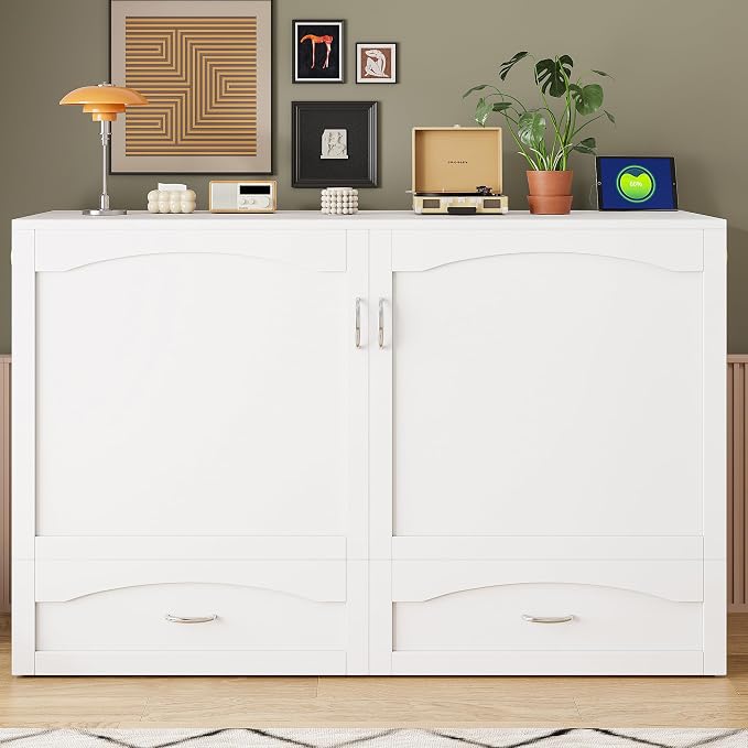 Ball & Cast Wall Bed Queen Size Murphy Beds with Drawer and a Set of Sockets,Multi-Functional Hideaway Cabinet w/USB Ports,Pulley Structure Design,Space Saving for Bedroom,Apartment,Studio,White