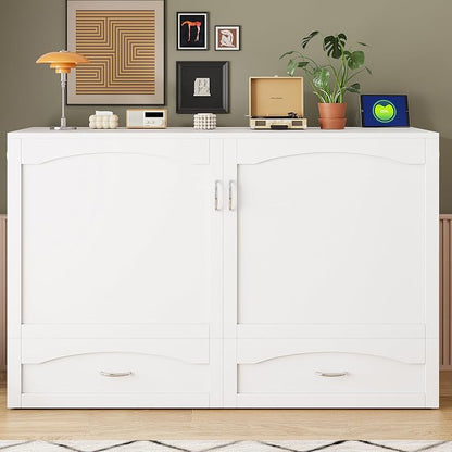 Ball & Cast Wall Bed Queen Size Murphy Beds with Drawer and a Set of Sockets,Multi-Functional Hideaway Cabinet w/USB Ports,Pulley Structure Design,Space Saving for Bedroom,Apartment,Studio,White