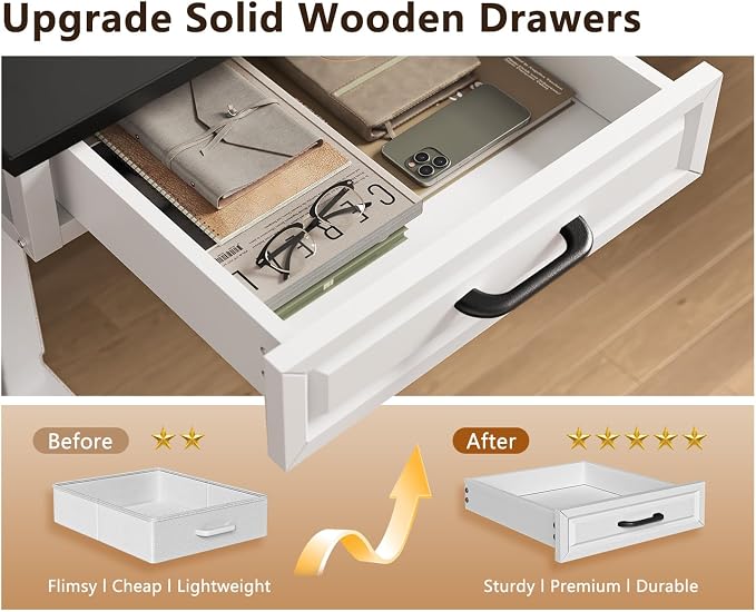 OffiGo L Shaped Electric Standing Desk with Wooden Drawers, 55 Inch Height Adjustable Corner Workstation with Power Outlets, Sit Stand Table for Home, Office, White+Black