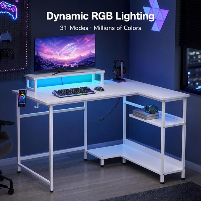 DEVAISE 47" L Shaped Gaming Desk with LED Lights and Power Outlets - Spacious Corner Computer Table with Monitor Stand and Storage Shelves for Work and Gaming, White