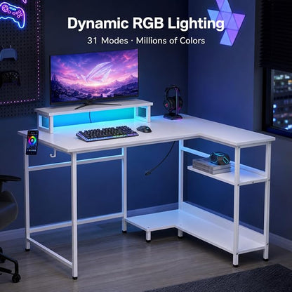 DEVAISE 47" L Shaped Gaming Desk with LED Lights and Power Outlets - Spacious Corner Computer Table with Monitor Stand and Storage Shelves for Work and Gaming, White