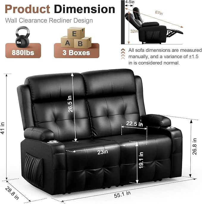 Reclining Loveseat, Massage Loveseat Recliner Sofa Heavy Weight Capacity, RV Love Seat Chair Clearance with Storage, Cup Holders, Wall Hugger Recliners Couches for Living Room & RV Campers