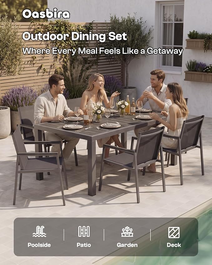 Outdoor Dining Set, 7 Piece Aluminum Patio Table and Chairs Set, All Weather Patio Dining Furniture Set with Umbrella Hole for Backyard, Deck, Poolside (Charcoal)