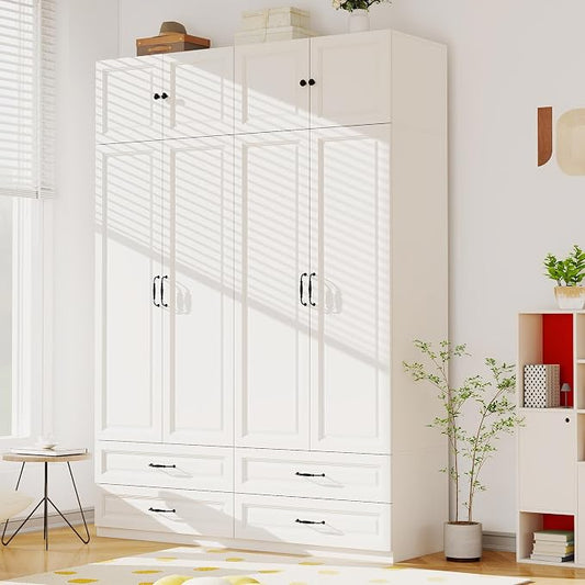 Armoire Wardrobe Closet with Drawers: Bedroom Armoires with Hanging Rod, Wooden Closet Cabinet for Hanging Clothes, Tall Wardrobes Closets with Doors and Shelves (White, 63")