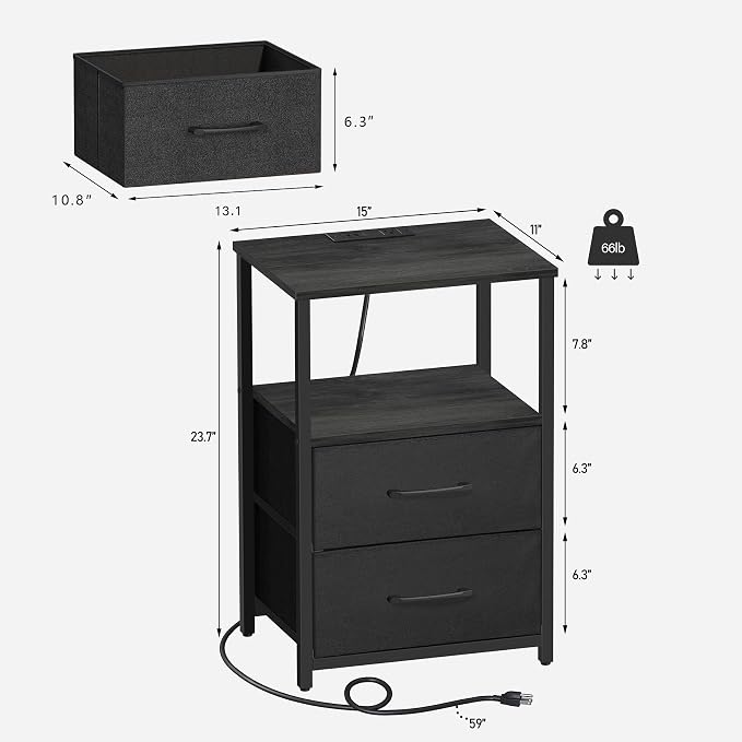 TUTOTAK LED End Table with Charging Station, Nightstand with Cloth Drawer, Side Table with 1 USB Port and 1 Type-C Port, Set of 2, Couch Table, Charcoal Grey TB01BY052L
