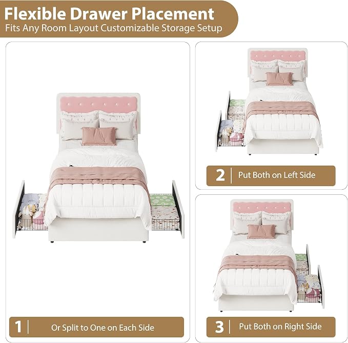 Garvee Twin Bed Frame with Biscuit Tufted Velvet Headboard, Cream White & Pink Upholstered Platform Bed with 2 Storage Drawers, Sturdy Wood Slats, No Box Spring Needed, Easy Assembly