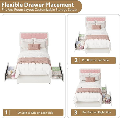 Garvee Twin Bed Frame with Biscuit Tufted Velvet Headboard, Cream White & Pink Upholstered Platform Bed with 2 Storage Drawers, Sturdy Wood Slats, No Box Spring Needed, Easy Assembly