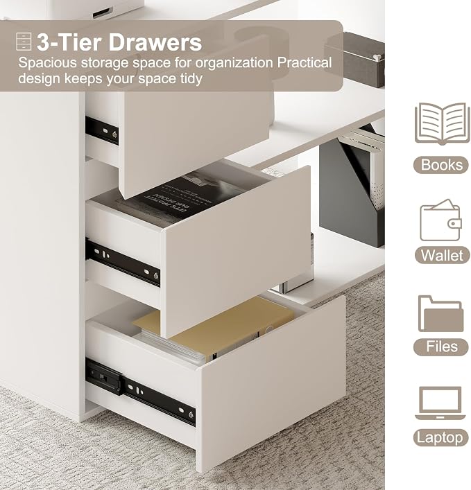 Bobve L Shaped Computer Desk, 47 Inch Home Office Desk with File Drawers & Storage Shelves, Small Corner Computer Desk for Small Space (White)