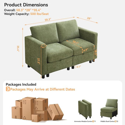 WUTUTUEE 58”Modular Sectional Loveseat Sofa, Modern Love Seat 2 Seater Sofa Couch with Storage, Chenille Modular Sectional Couch for Living Room, Bedroom, Office, Small Apartment, Green