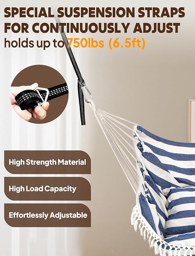 Chihee Hammock Chair Hanging Swing 2 Pillows Included,Strong Webbing Straps and Hooks for Easy Hanging Soft Cotton Hanging Chair Side Pocket Tassel Chair Comfort Indoor Outdoor Blue White