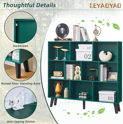 LEYAOYAO 10 Cube Bookshelf,3 Tier Modern Wide Bookcase with Legs,Mid-Century Wood Bookshelves Storage,Dark Green Large Book Case,Freestanding Organizer Display Shelf for Bedroom,Living Room,Office