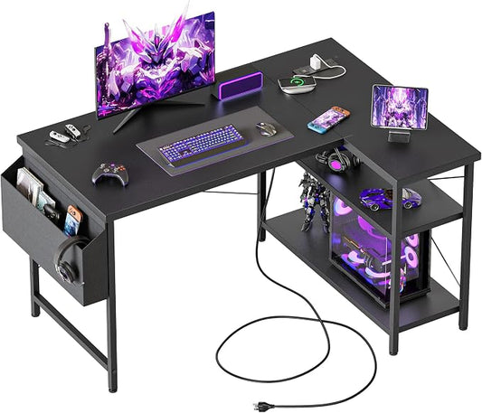 Mericonia Small L Shaped Computer Desk with Power Outlets, Reversible Gaming Desk with Storage Shelves, Corner Gamer Desk Table, Study Writing Table