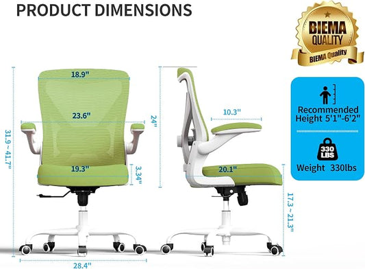Office Chair Ergonomic Desk Chair Comfy: 330LBS Mesh Computer Chair Ergonomic Gaming Chairs with Wheels Adjustable Lumbar Support and Flip up Armrest-Swivel Executive Chairs Long Hours(Green)