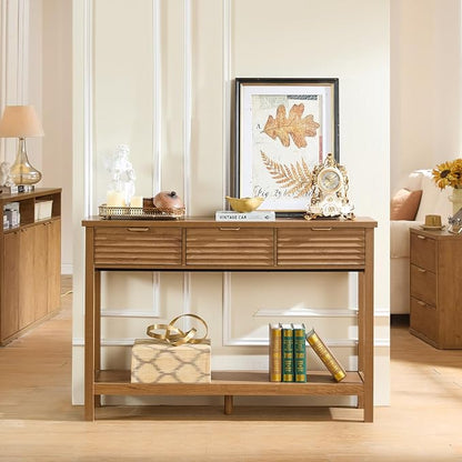 LEYAOYAO Fluted 47.2" Console Table with 3 Drawers, Modern Wood 2 Tier Entryway Table with Open Storage Shelf, Boho Sofa Entry Tables Behind Couch for Living Room, Hallway, Entrance Foyer, Tea Brown