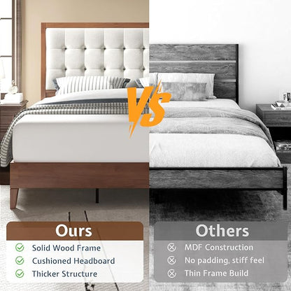 Jocisland Solid Wood Full Size Bed Frame 50.2" Tall Upholstered Headboard, Mid-Century Style, Stable Platform Support, No Box Spring Needed, Walnut