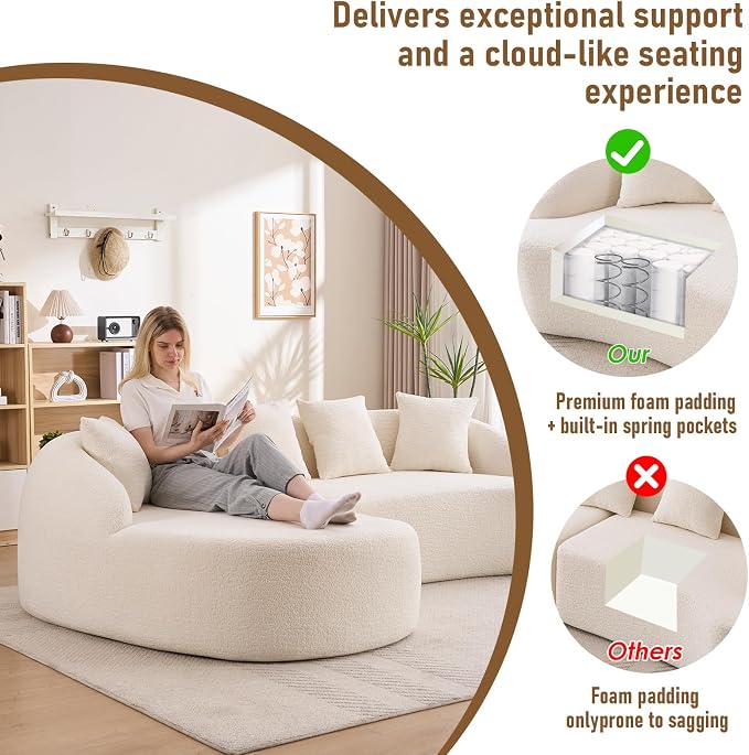 106.3" Curved Sofa with L-Shape Chaise,Modern Luxury Chenille 4-Seater Sofa,Curved Cloud Couch with 4 Throw Pillows for Living Room, Apartment (White)