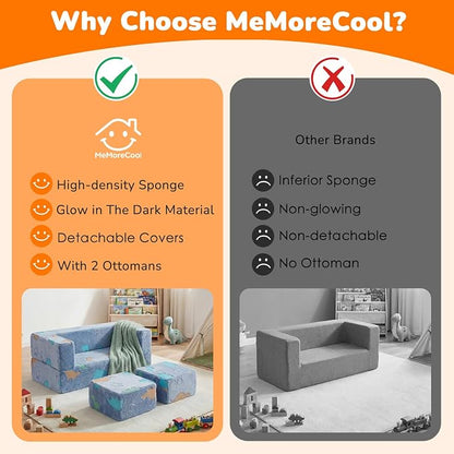 MeMoreCool Modular Kids Couch Dinosaur, Glow Dino Play Toddler Couch for Bedroom, Convertible Foam Kids Sofa Bed, Fold Out Baby Sofa for Girl Boy