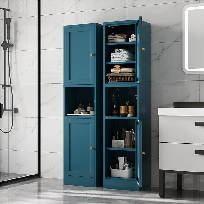 67" Tall Narrow Storage Cabinet with Doors and Open Shelf,Metal Pantry Cabinet,Shaker Style Slim Cabinet with Adjustable Shelves,for Bathroom Kitchen Laundry Small Spaces,Blue, 1Pc