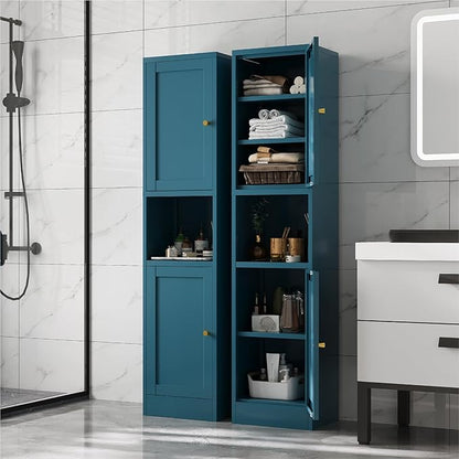 67" Tall Narrow Storage Cabinet with Doors and Open Shelf,Metal Pantry Cabinet,Shaker Style Slim Cabinet with Adjustable Shelves,for Bathroom Kitchen Laundry Small Spaces,Blue, 1Pc