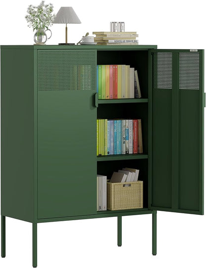 47''H Green Metal Storage Cabinet with 2 Adjustable Shelves, 2 Door Accent Cabinet, 3-Tier Metal Locker with Vent Hole, TV Stand for Entryway, Home Office, Music Studio, Home Office