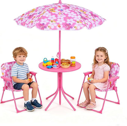 HONEY JOY Kids Picnic Table, Animal Themed Toddler Outdoor Table and Chair Set, 2 Folding Chairs & Removable Umbrella, Children Outdoor Furniture for Backyard Patio Garden (Pink Bee)