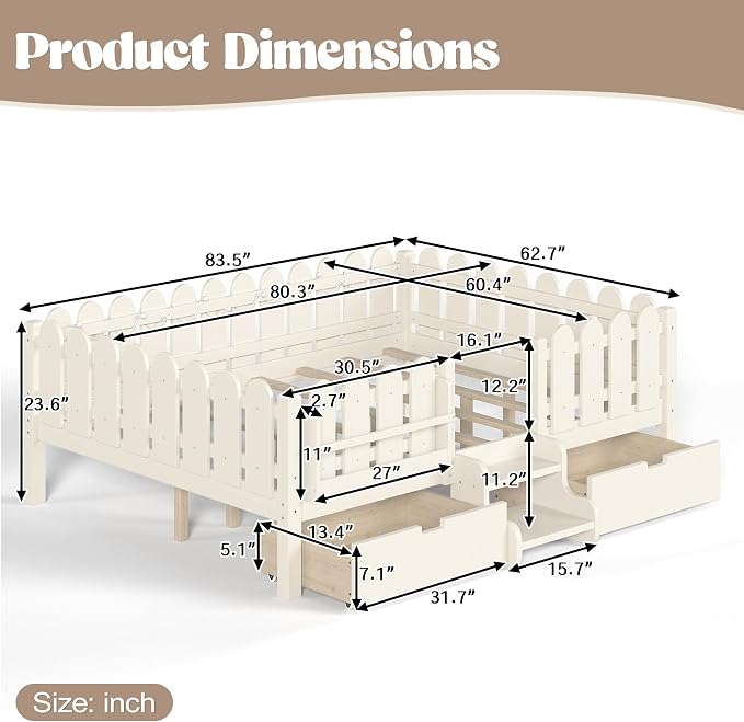 Bellemave Queen Kids Montessori Bed with Stairs, Bookshelf and LED Lights, Solid Wood Kids Bed Frame with Storage Drawers for Boys Girls, Low Profile,Beige