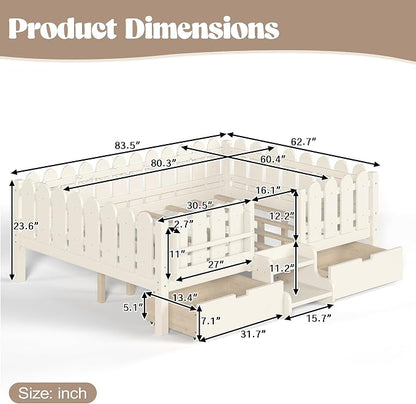 Bellemave Queen Kids Montessori Bed with Stairs, Bookshelf and LED Lights, Solid Wood Kids Bed Frame with Storage Drawers for Boys Girls, Low Profile,Beige