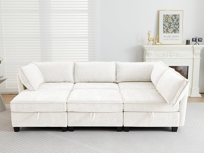 ORRD Sleeper Modular Sectional Sofa Set, Convertible Couch Bed with Storage, 6 Seater and 3 Armrestes Sofa Modular for Living Room, Office (Beige)