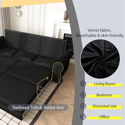 93.7" King Pull Out Sofa Bed, Velvet Sleeper Sofa Couch, 3 in 1 Convertible Futon Couches for Living Room, Small Space, Apartment, Office, Bedroom, Modern Rivet Armrest, Black