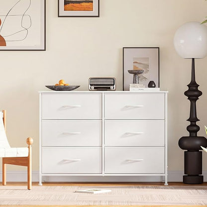 DUMOS White Bedroom Dresser for Closet, Fabric Dresser, Chest of 6 Drawers | Storage Organizer, Small Space TV Stand for Living Room, Anti-tip and Wooden Top, Home Furniture, Hallway