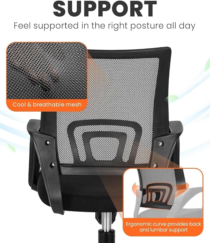 NEO CHAIR Office Desk Computer Chair Ergonomic Mesh Gaming Cushion Seat with Comfy Lumbar Mid Back Support Adjustable Height Swivel Rolling Wheels for Home Task (Mesh Black)