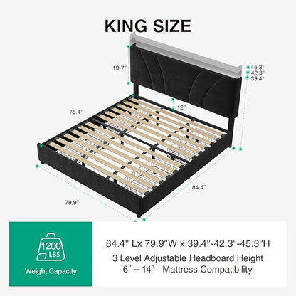 Novilla King Bed Frame and Headboard, King Size Bed Frame with Storage Drawers, King Bed Frame with LED Lights, Charging Station and Adjustable Headboard, No Box Spring Needed, Black Velvet