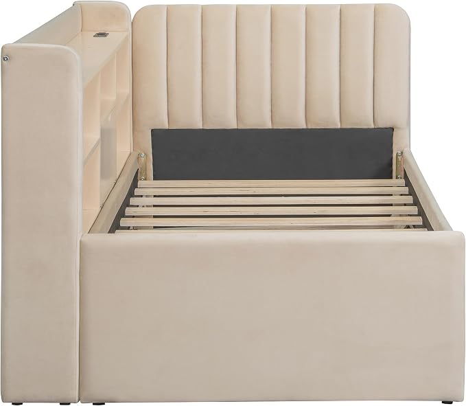 Merax Modern Upholstered Platform Bed Frame with USB Ports & Trundle Bed, Floor Sofa Day Bed with Storage Shelves, No Box Spring Needed/Easy Assemble/Twin, Beige