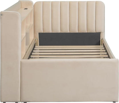Merax Modern Upholstered Platform Bed Frame with USB Ports & Trundle Bed, Floor Sofa Day Bed with Storage Shelves, No Box Spring Needed/Easy Assemble/Twin, Beige