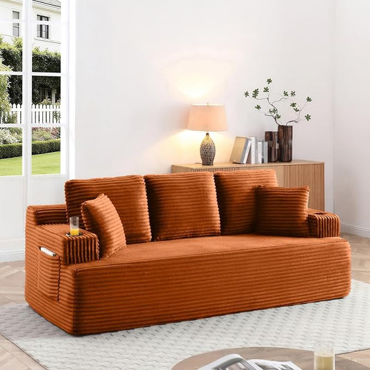86.2'' Boneless Sofa Couch with Cup Holders & Side Pockets, Modern Corduroy Fabric Upholstered 3-seat Couch with 2 Throw Pillows for Living Room, Office, No Assembly (Orange)