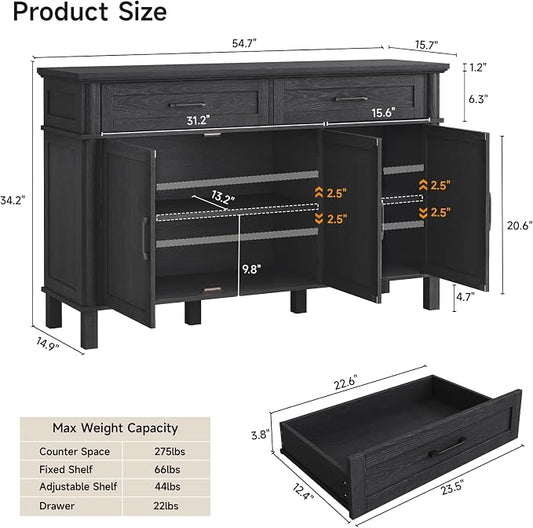 ONBRILL 55 Inch Buffet Cabinet with Storage, Farmhouse Sideboard Buffet w/2 Drawers and 3 Doors, Wood Coffee Bar Cabinet with Adjustable Shelves, Sideboard Storage for Kitchen, Living Room, Black