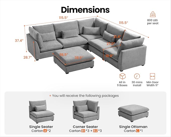 115" Oversized Chenille Couch Modular Sectional Sofa, Washable Cloud Couch Sectional with Ottoman, 6 Seater Sectional Couches for Living Room, Fully Cover Removable, V Shaped & Corner, Chenille, Grey