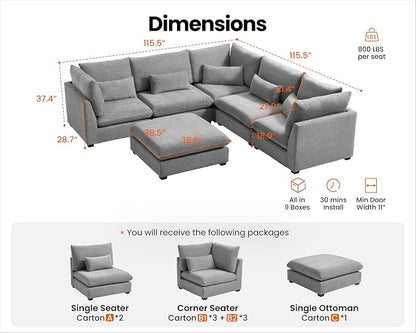 115" Oversized Chenille Couch Modular Sectional Sofa, Washable Cloud Couch Sectional with Ottoman, 6 Seater Sectional Couches for Living Room, Fully Cover Removable, V Shaped & Corner, Chenille, Grey
