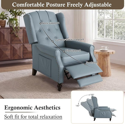 Wingback Recliner Chair with Massage & Heat, Cat-Proof Push Back Arm Chair, Recliner Chair for Living Room Bedroom Home Theater (1, Grayish-Blue)