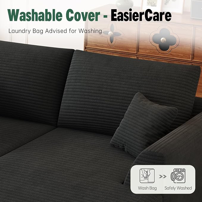 106" Modular Sectional Sofa with Reversible Chaise, Black Corduroy L-Shaped Cloud Couch for Living Room Apartment, 3-Piece Set, No Assembly Required, High-Density Supportive Foam