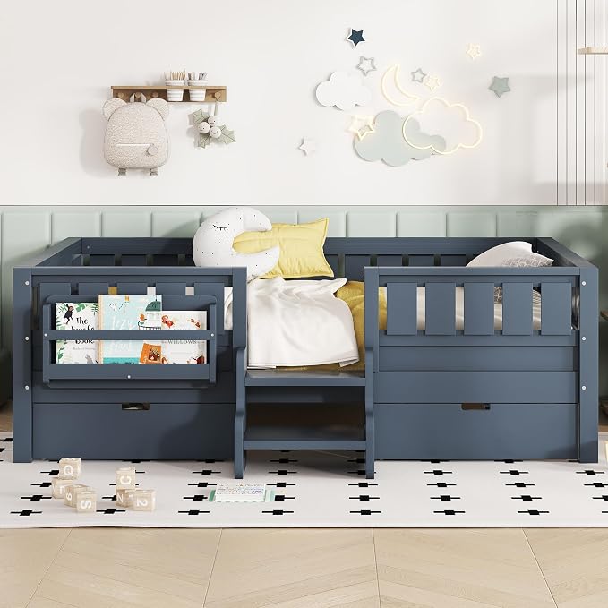 Bellemave Full Kids Montessori Bed with Stairs, Bookshelf and Drawers, Solid Wood Kids Bed Frame with Storage for Boys Girls, Low Profile,Blue