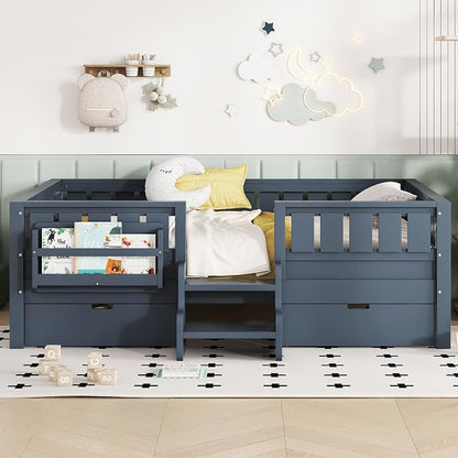 Bellemave Full Kids Montessori Bed with Stairs, Bookshelf and Drawers, Solid Wood Kids Bed Frame with Storage for Boys Girls, Low Profile,Blue