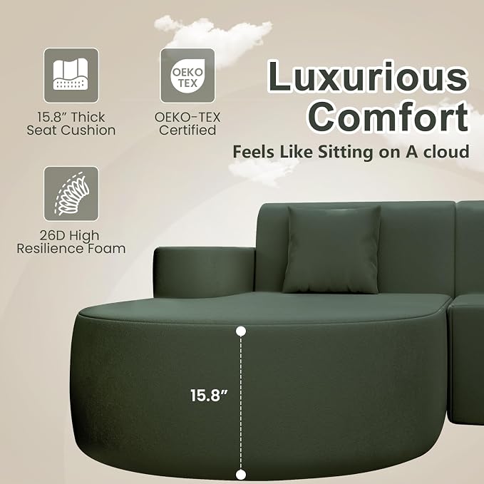 MELLCOM Modern 93" Curved Boneless Sofa Couch, L-Shaped Corner Sofa, No Assembly Needed, Chenille Upholstered Cloud Sectional Couch for Living Room, Bedroom and Apartment (Green, Left Hand Facing)