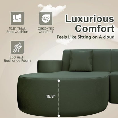 MELLCOM Modern 93" Curved Boneless Sofa Couch, L-Shaped Corner Sofa, No Assembly Needed, Chenille Upholstered Cloud Sectional Couch for Living Room, Bedroom and Apartment (Green, Left Hand Facing)