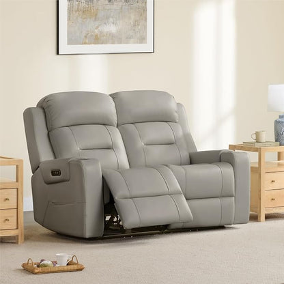 Watson & Whitely Genuine Leather Power Loveseat Recliner Sofa, Lay Flat Loveseat Reclining Sofa with Power Headrest, Cup Holders, USB & Type-C Ports, Dual Recliners for Living Room, Grey