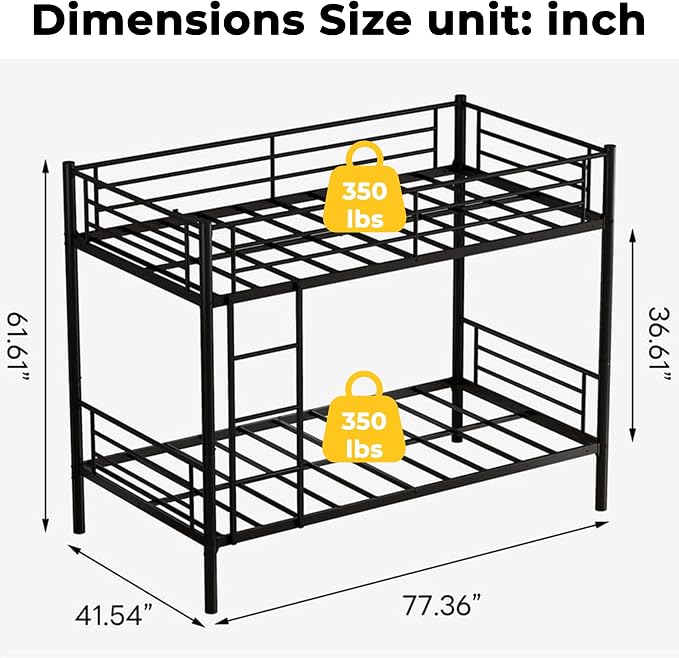 Bunk Bed Twin Over Twin, Metal Bunk Bed with Front Ladder and Safety Guardrail, Space-Saving Twin Bunk Beds for Kids, Teens & Adults, No Box Spring (Front Laddder, Black)