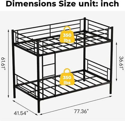 Bunk Bed Twin Over Twin, Metal Bunk Bed with Front Ladder and Safety Guardrail, Space-Saving Twin Bunk Beds for Kids, Teens & Adults, No Box Spring (Front Laddder, Black)