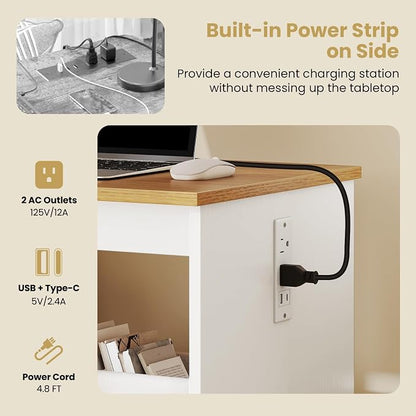 Giantex Folding Sewing Table with Charging Station, Rolling Craft Table with Storage Trays & Shelf, Foldable Sewing Machine Cabinet Desk with Lockable Wheels for Small Spaces (White & Natural)