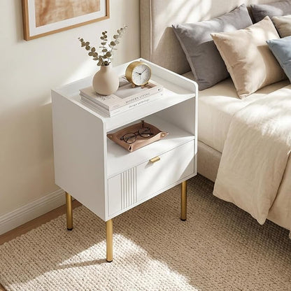Nightstand, Mid-Century Modern Night Stand Table with Storage Drawer and Open Wood Shelf, Side End Table with Sturdy Metal Legs Small Spaces (White)