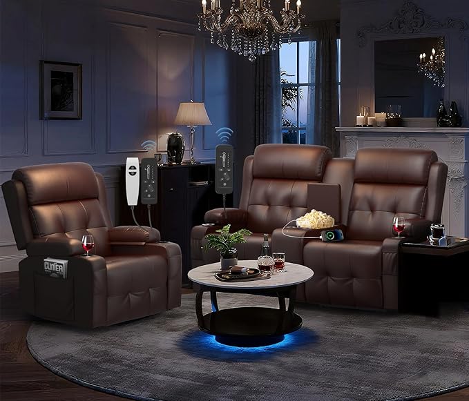 Recliner Sofa Set, Home Theater Seating with Massage, Loveseat Recliner Couch and Recliner Single Chair with USB, Wall Hugger Reclining Movie Theater Chair with Cup Holders, Drawer for Gaming Room